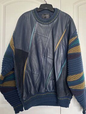 VTG 80s Saxony Blue Leather & Suede 3D Sweater Coogie Style Cult Streetwear SZ L